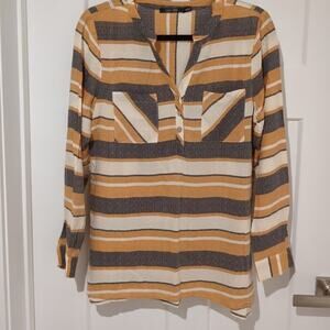 Anthropologie Doe & Rae Small Gray and Gold Striped Long Sleeve Shirt NWOT